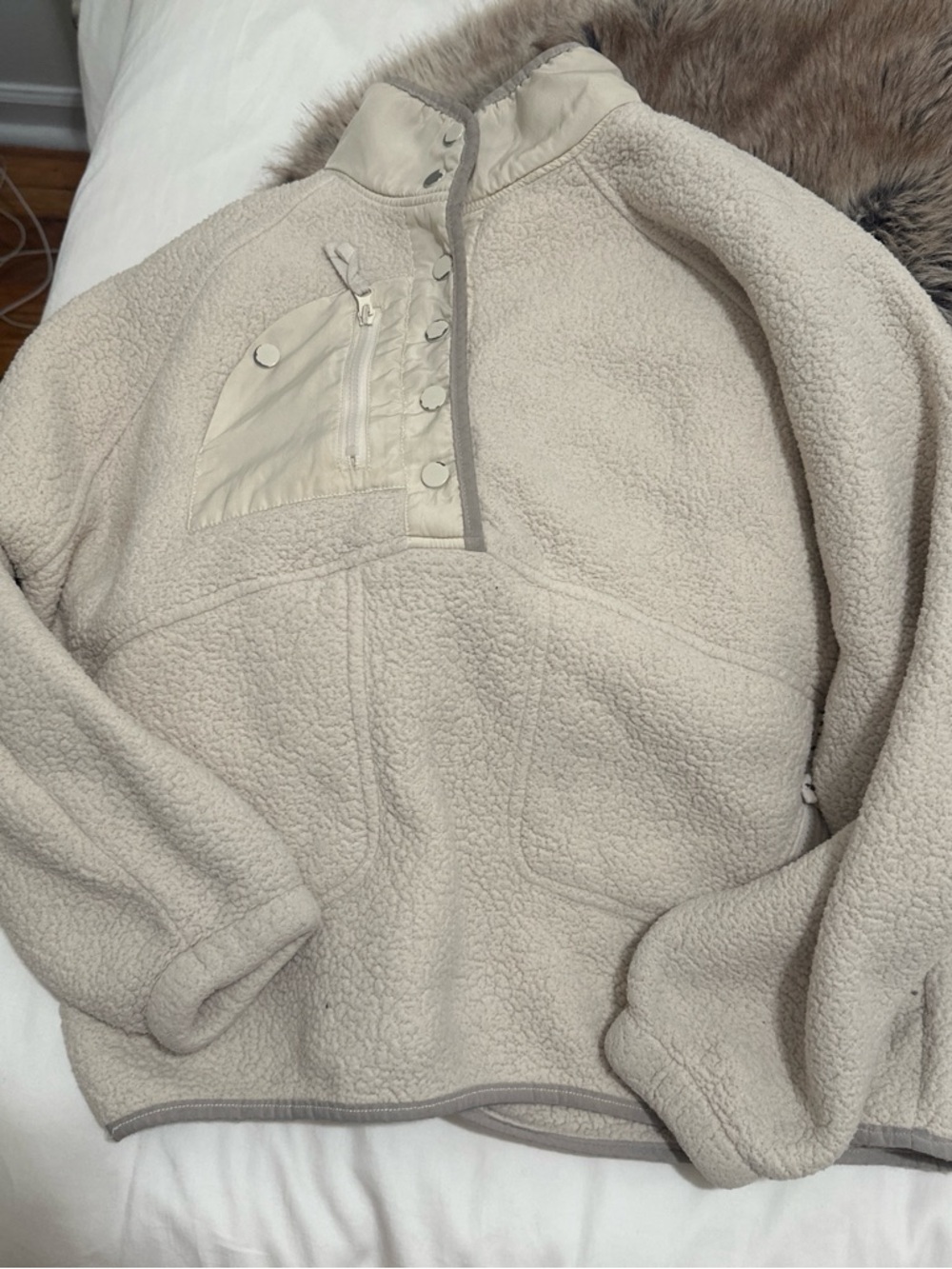 Cozy Ivory Sherpa Pullover with Snap Chest Pocket